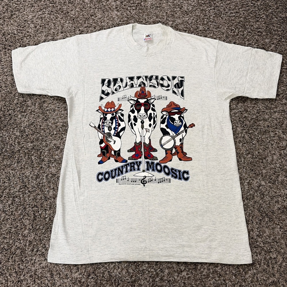 Vintage 1993 Heartland Apparel "Country Moosic" T Shirt Large Made In USA Gray